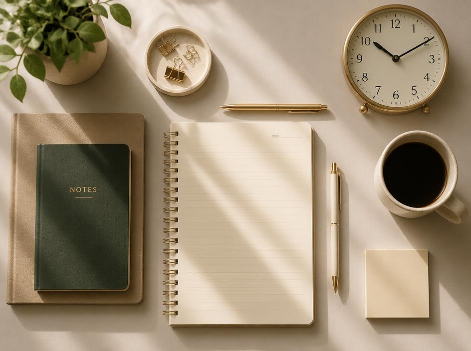 Seasonal planning mood: warm desk with stationery and clock